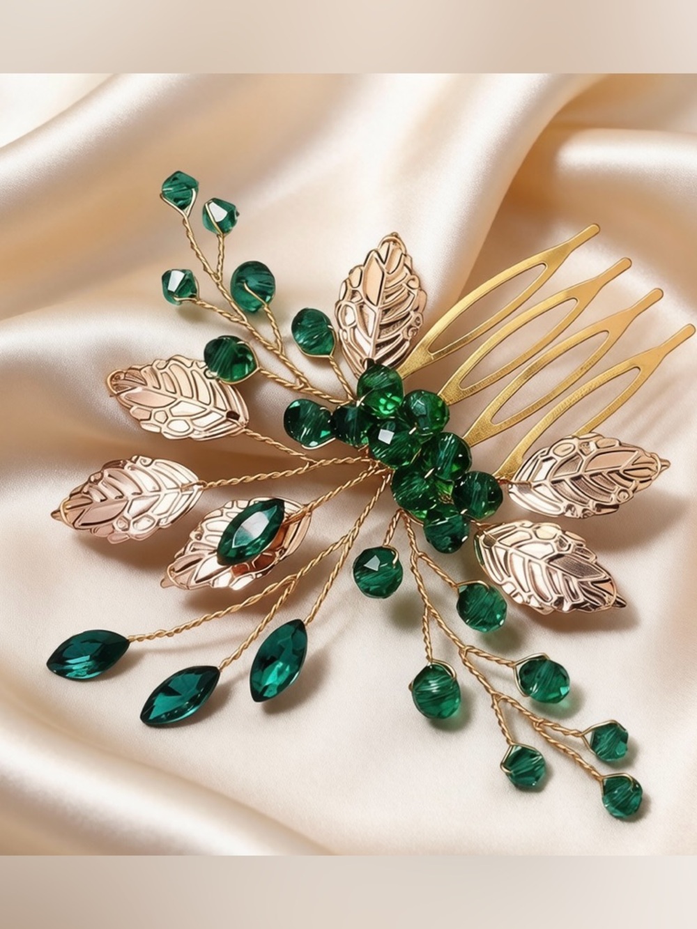 Anthropologie Gold Leaf Hair Comb with Emerald Green Crystals